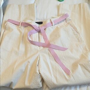 Light Cream Seersucker Pants with Pink Ribbon Belt by Isabel & Nina